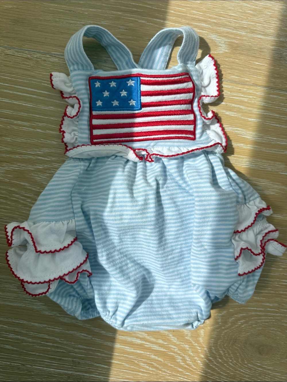 Classic Whimsy Striped Light Blue Baby One-Piece with Flag Patch